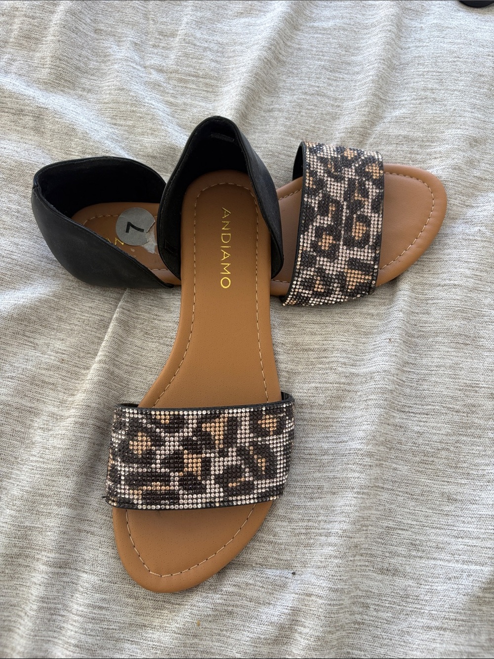 Andiamo Women's Black Slide Sandals with Leopard Beaded Strap Accent